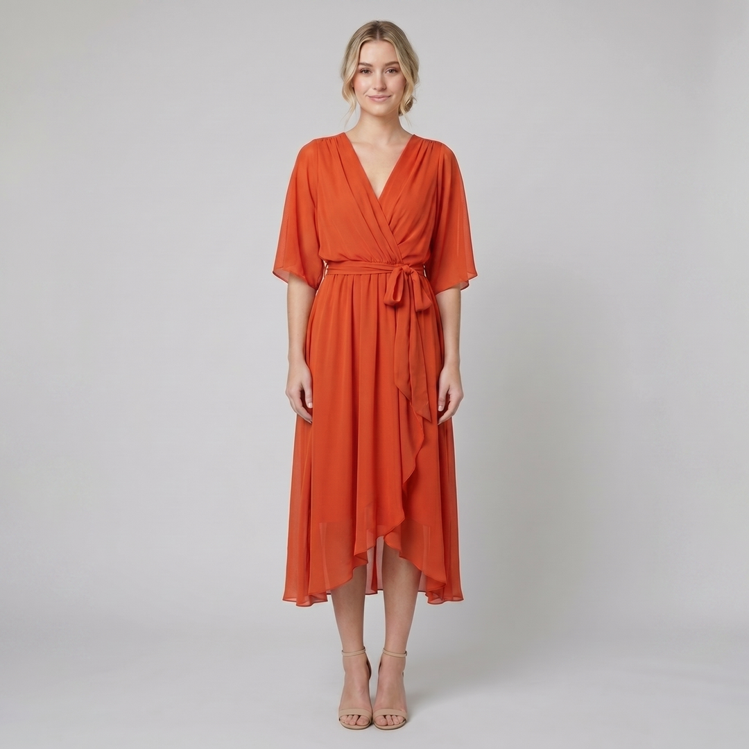 Ginevra orange chiffon wrap midi dress