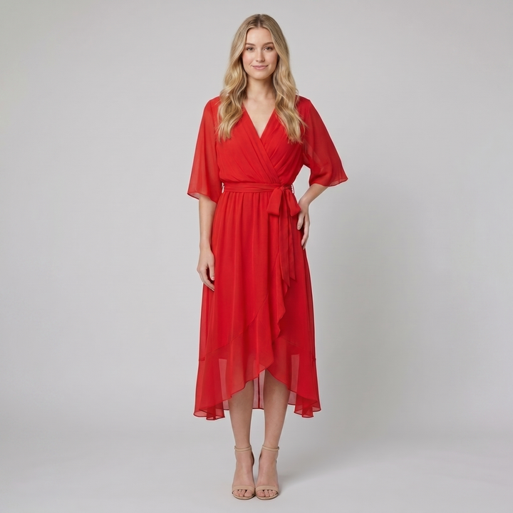 Ginevra red chiffon wrap midi dress