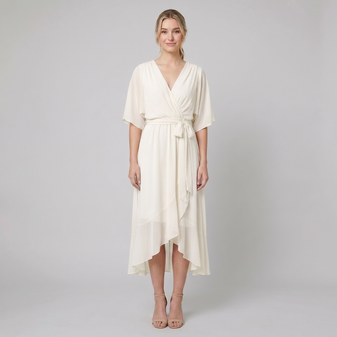 Ginevra white chiffon wrap midi dress