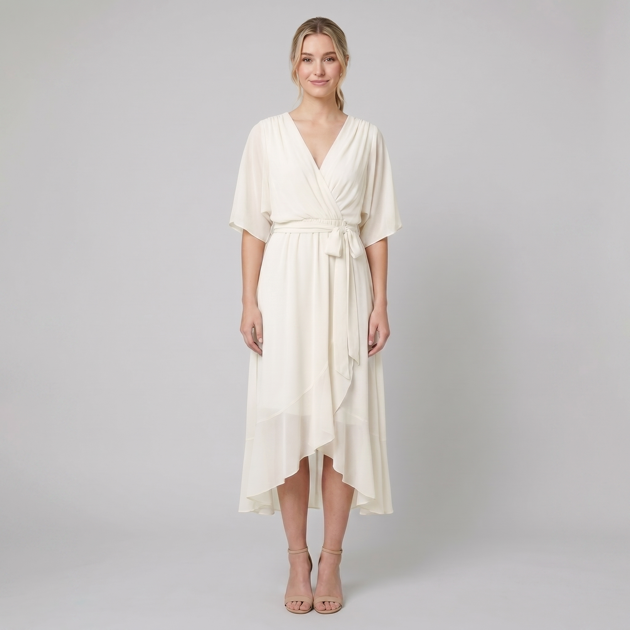 Ginevra white chiffon wrap midi dress