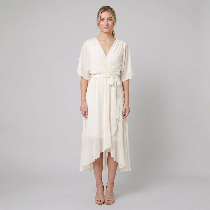 Ginevra white chiffon wrap midi dress