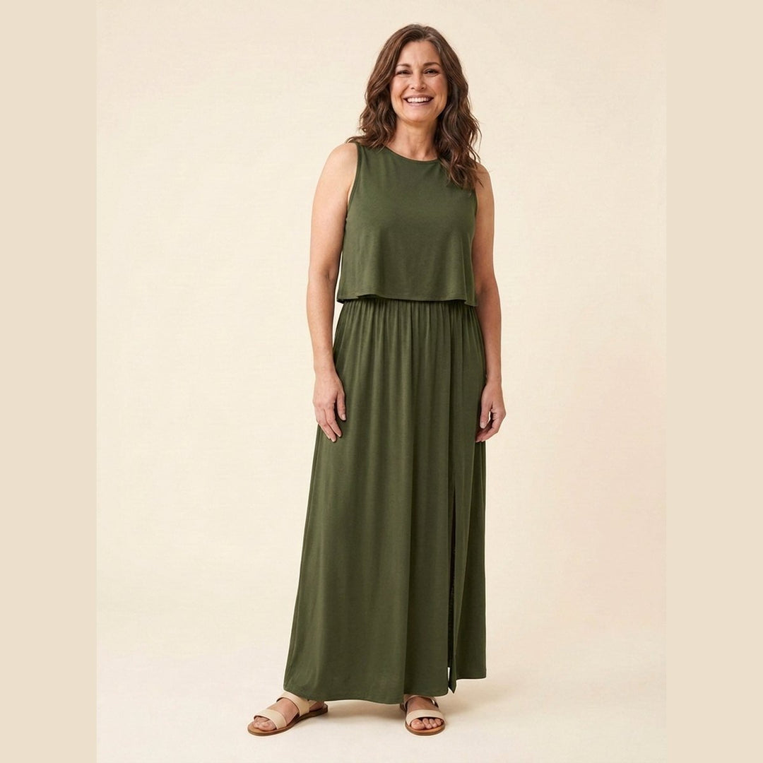 Giselle sleeveless loose-fit maxi dress in olive blackish green