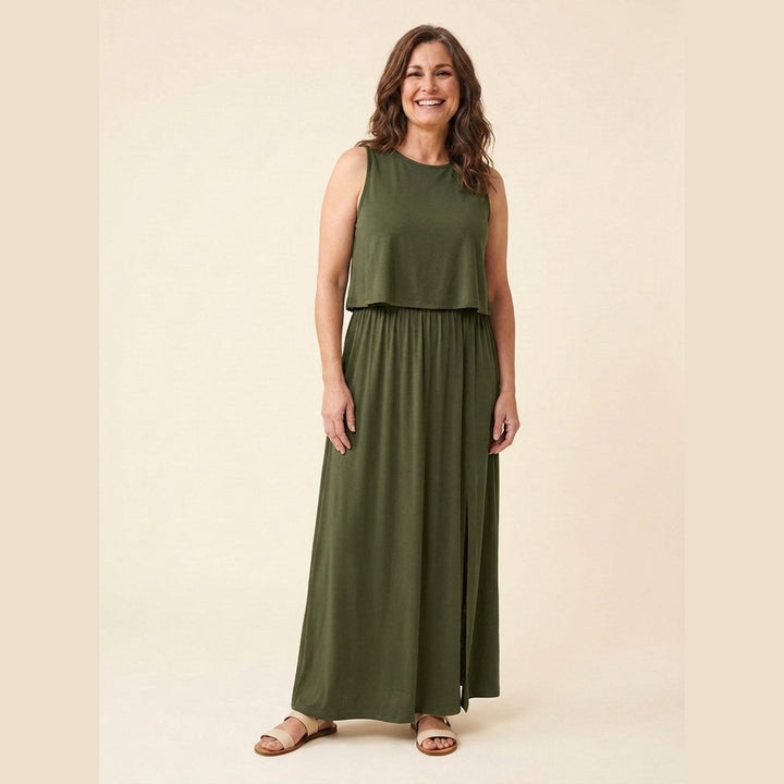 Giselle sleeveless loose-fit maxi dress in olive blackish green