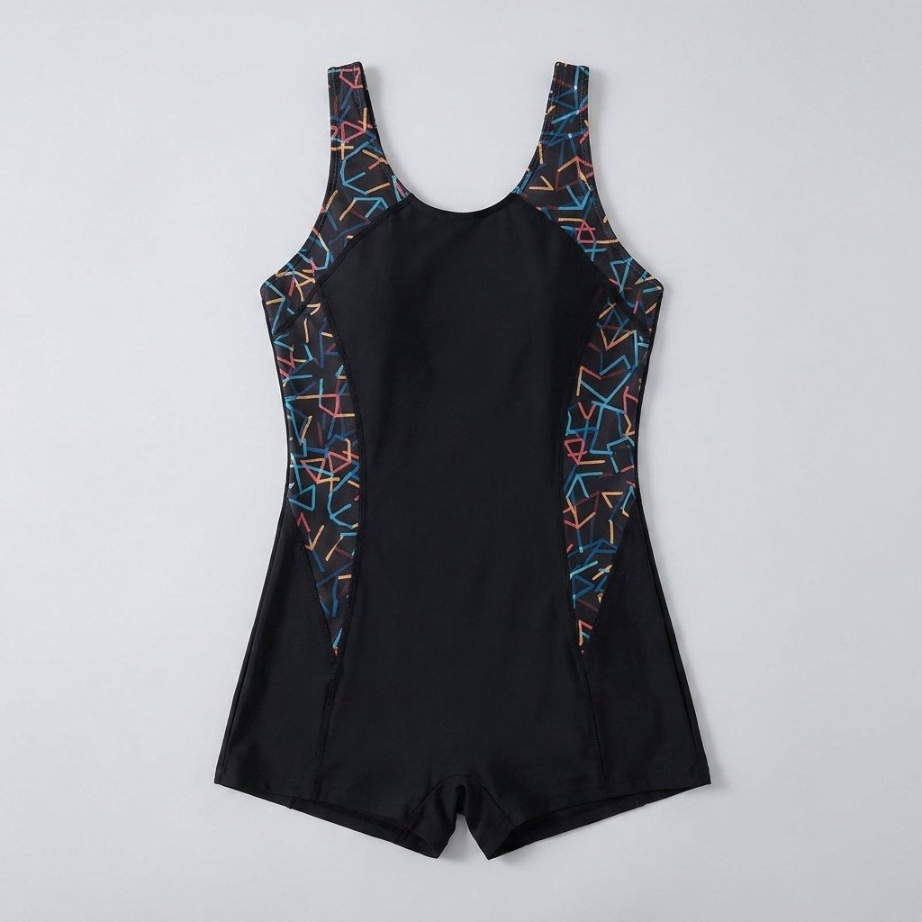Black geometric one-piece swimsuit front flat-lay