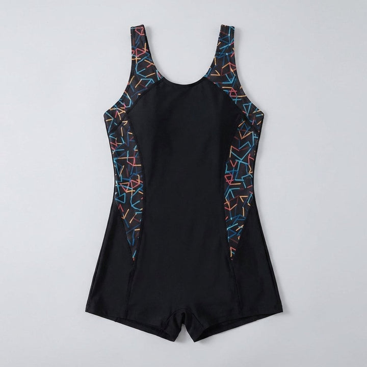 Black geometric one-piece swimsuit front flat-lay