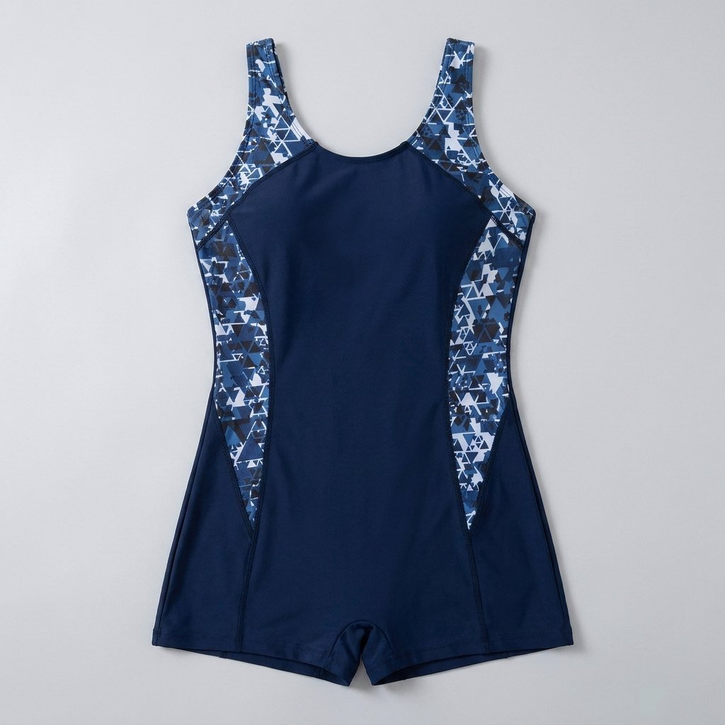 Dark blue geometric one-piece swimsuit front flat-lay