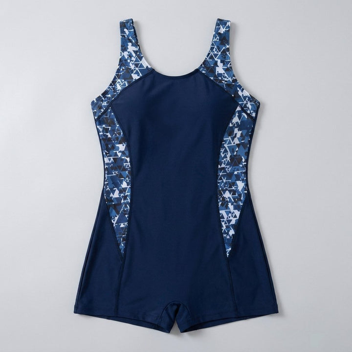 Dark blue geometric one-piece swimsuit front flat-lay