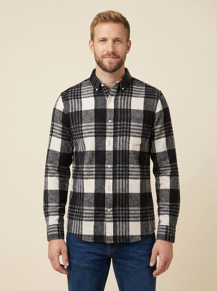 Harrison plaid flannel shirt charcoal and cream on model