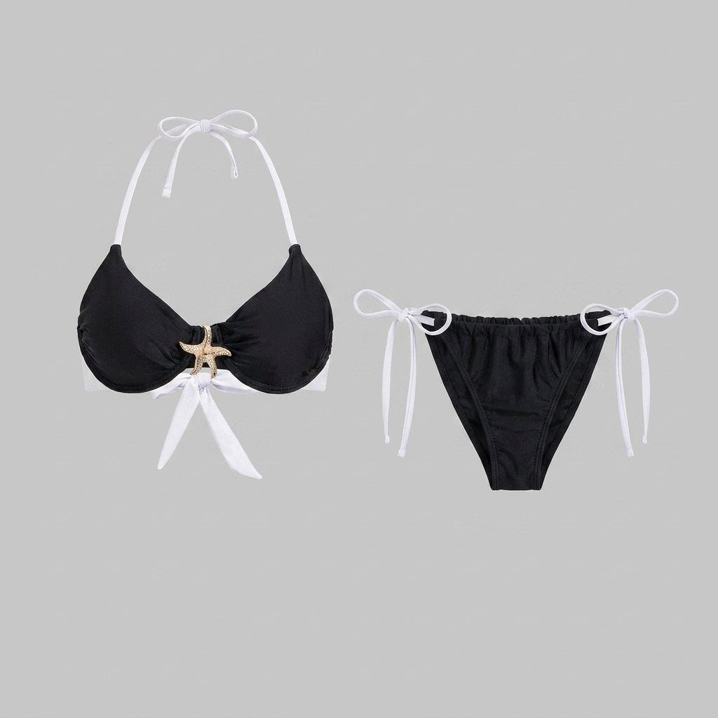 Black halter bikini set front flat-lay