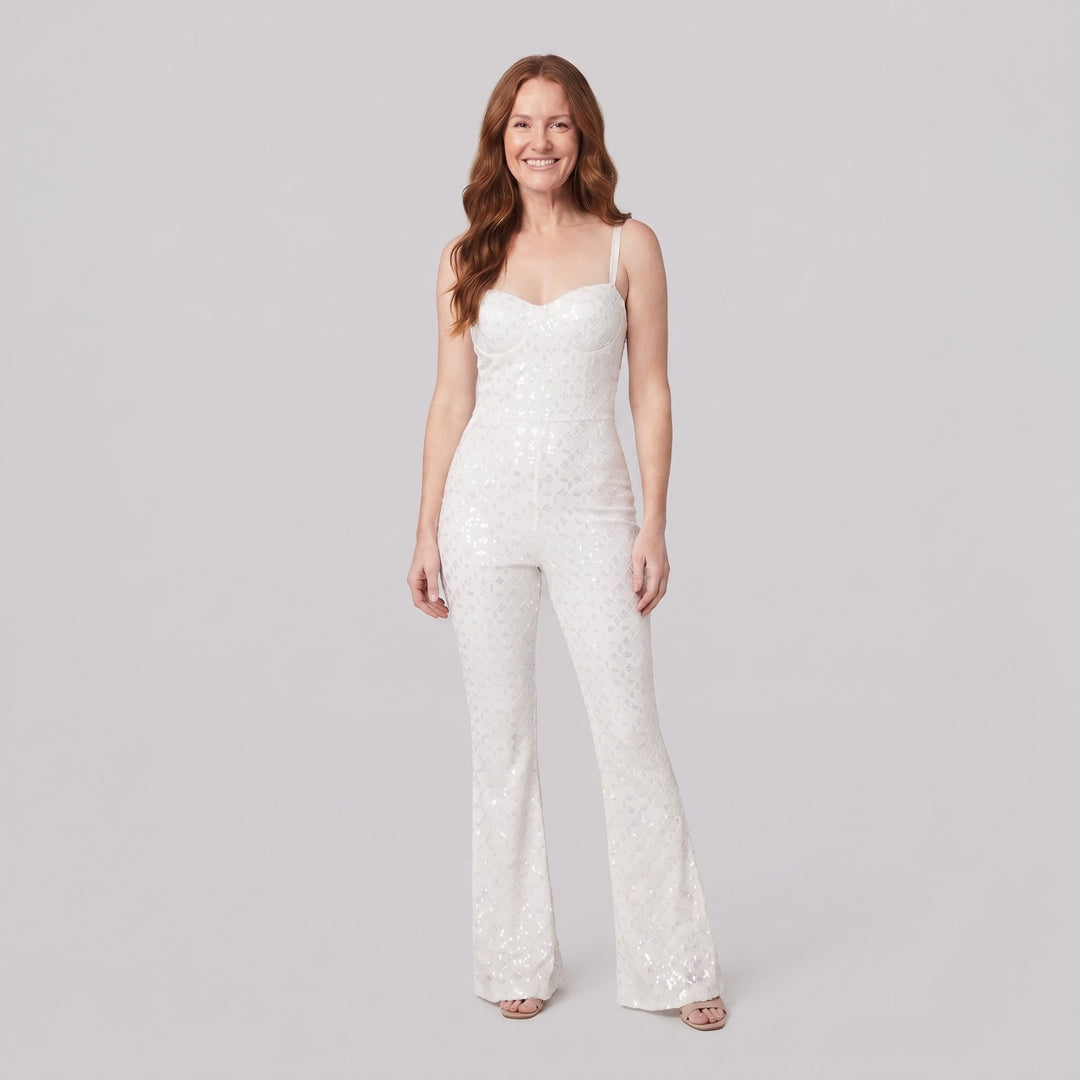 Haven Elegant Jumpsuit white velvet sequin front view on model