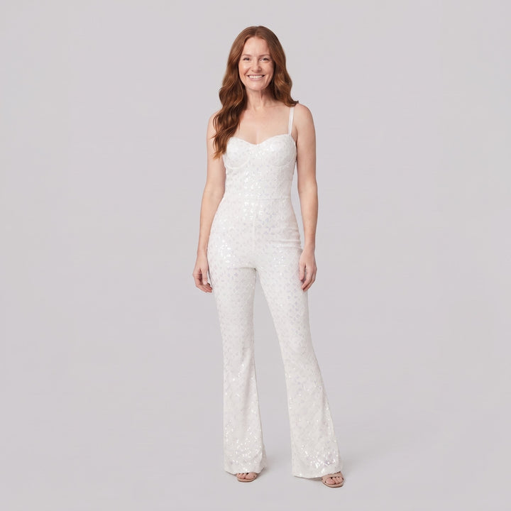 Haven Elegant Jumpsuit white velvet sequin front view on model