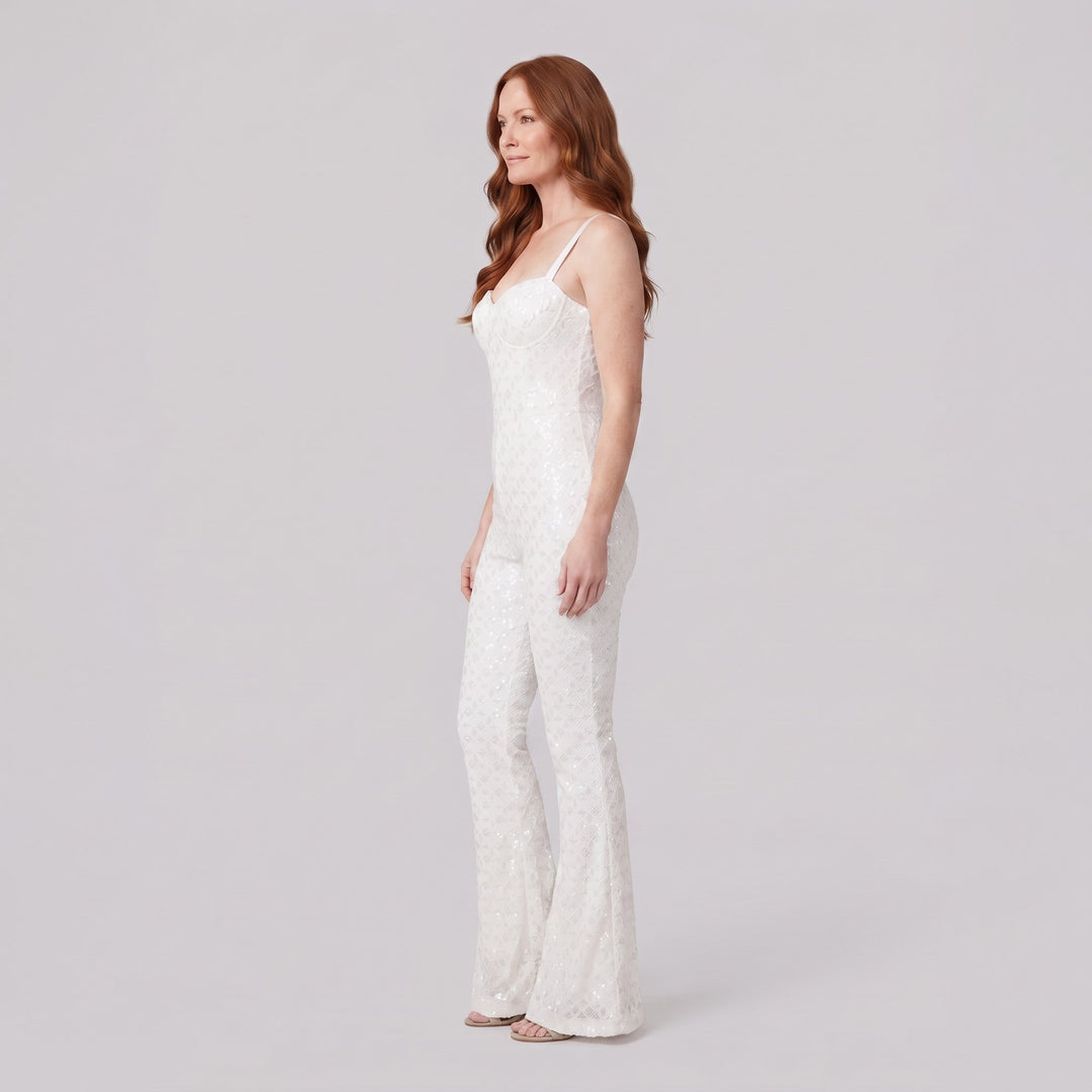Haven Elegant Jumpsuit white velvet sequin side view on model