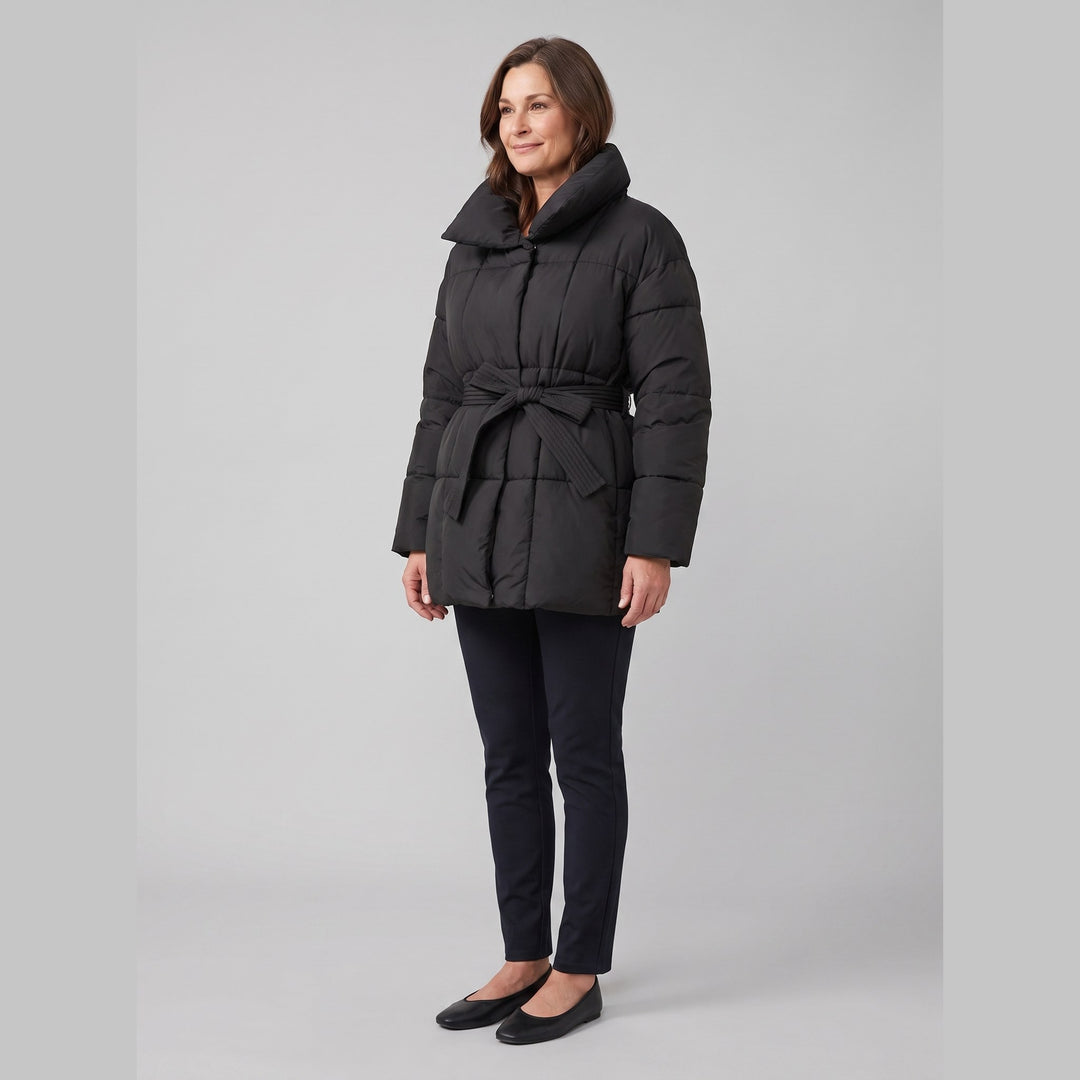 Hazel belted puffer coat in black on model