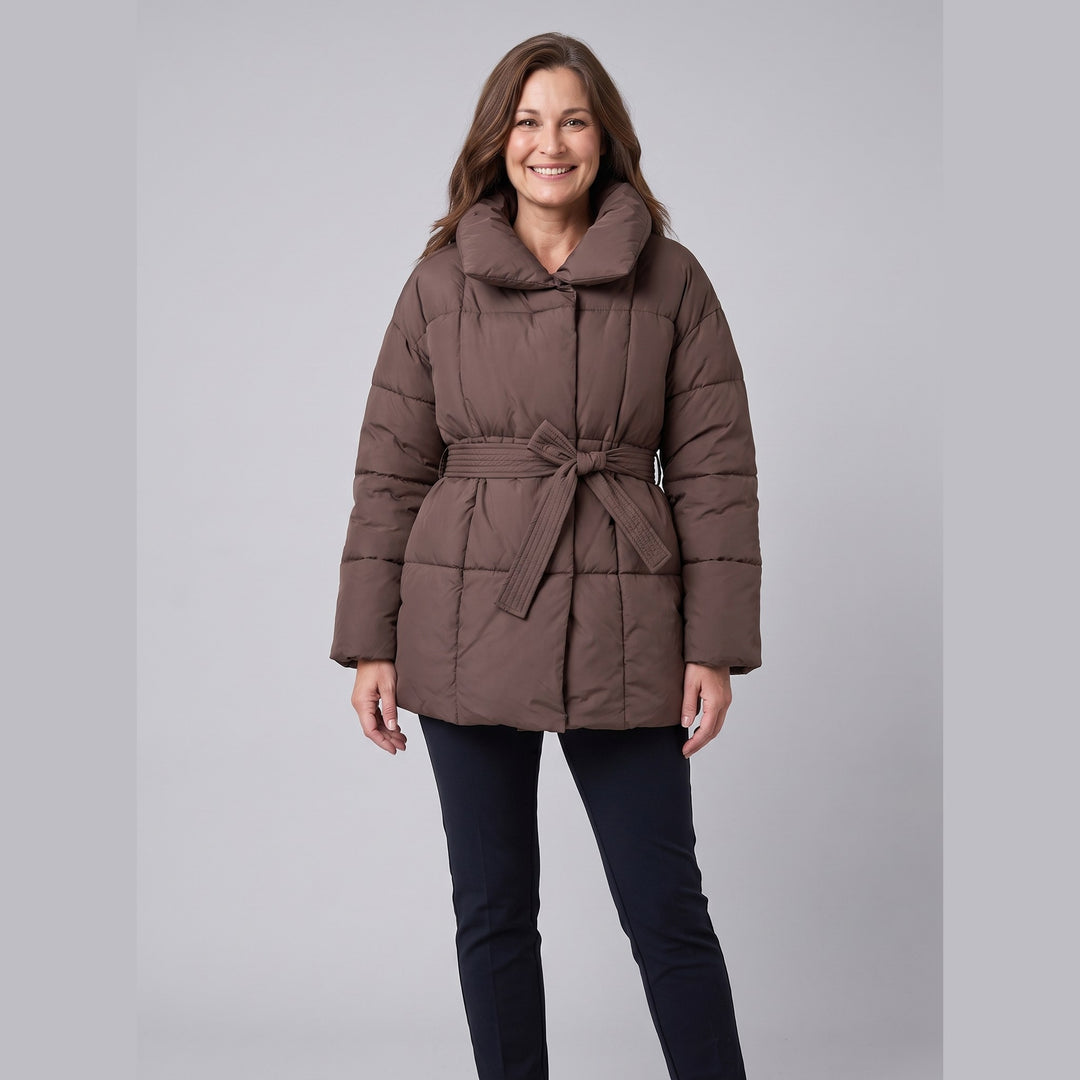 Hazel belted puffer coat in brown on model