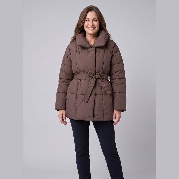 Hazel belted puffer coat in brown on model