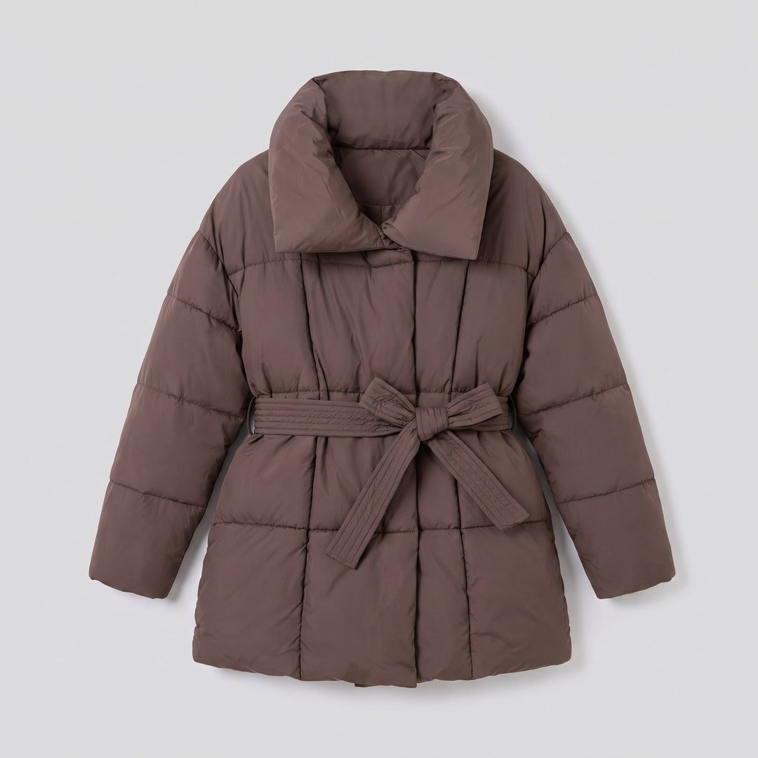 Hazel belted puffer coat product flat lay