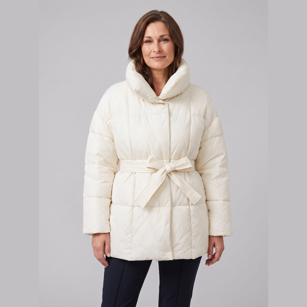 Hazel belted puffer coat in cream white on model