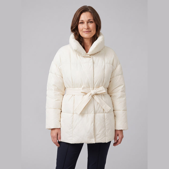 Hazel belted puffer coat in cream white on model