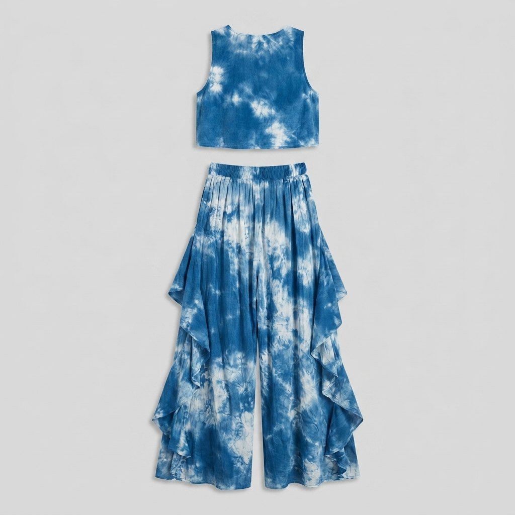Helene blue tie-dye blouse and wide-leg pants set, back view flat lay