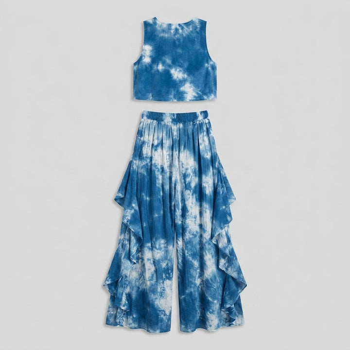 Helene blue tie-dye blouse and wide-leg pants set, back view flat lay