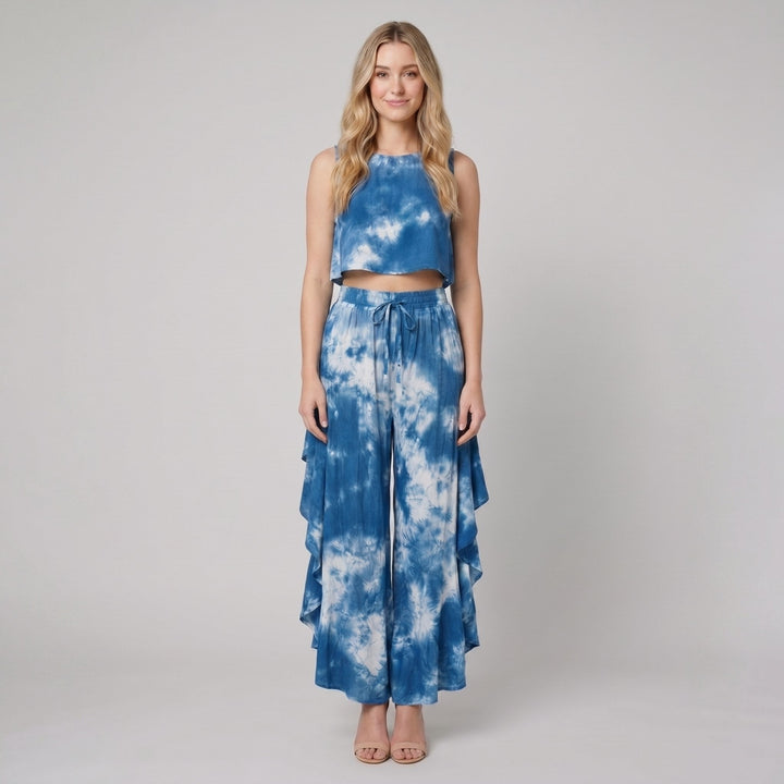 Helene blue tie-dye sleeveless blouse and ruffled wide-leg pants set, front view on model