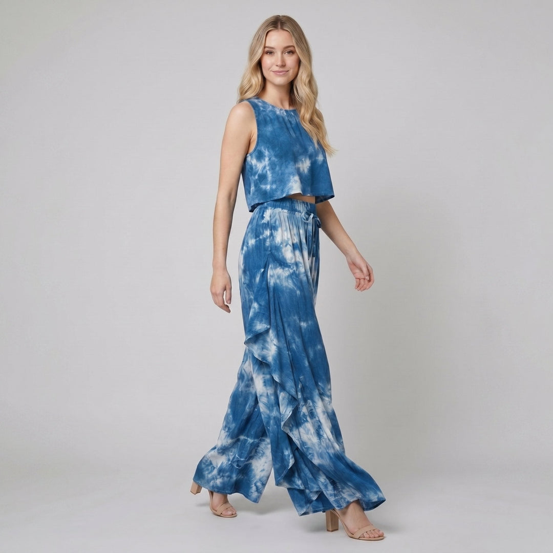 Helene blue tie-dye blouse and wide-leg pants set, side view on model