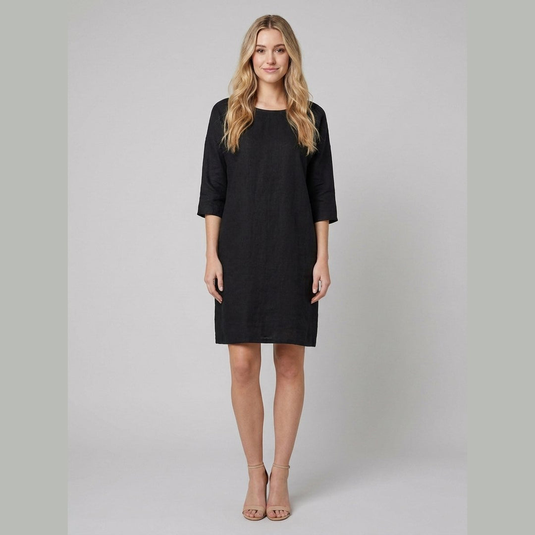 Henrietta black linen relaxed-fit knee-length dress front on model