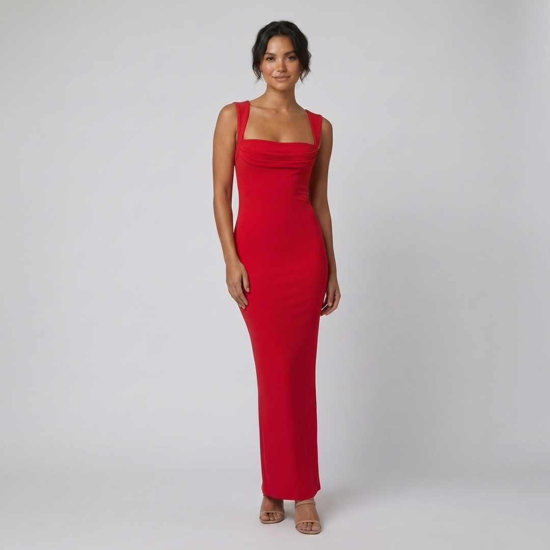 Hera red stretch crepe bodycon maxi dress on model