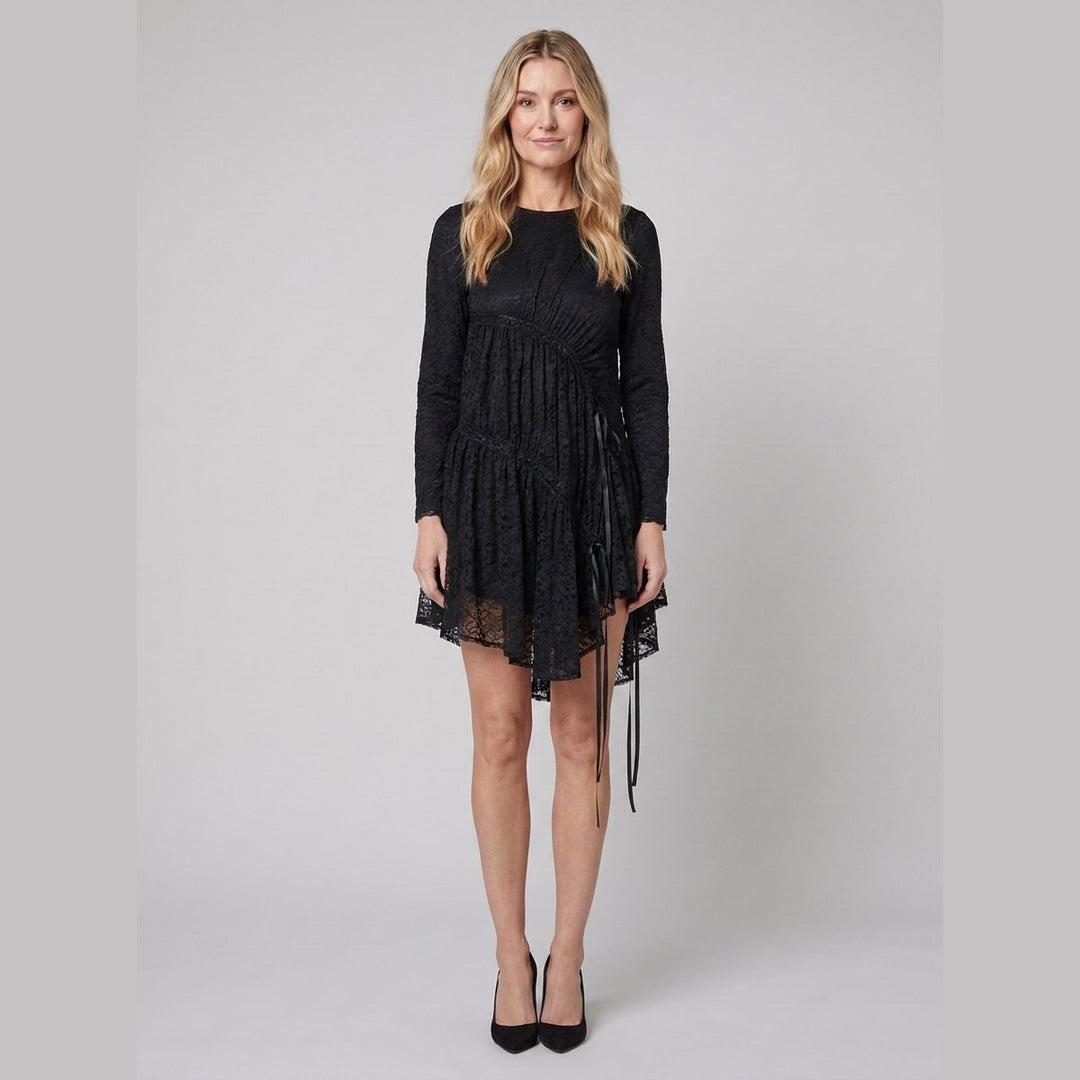 Hera Lace Dress coal black ruched tiered midi front on model