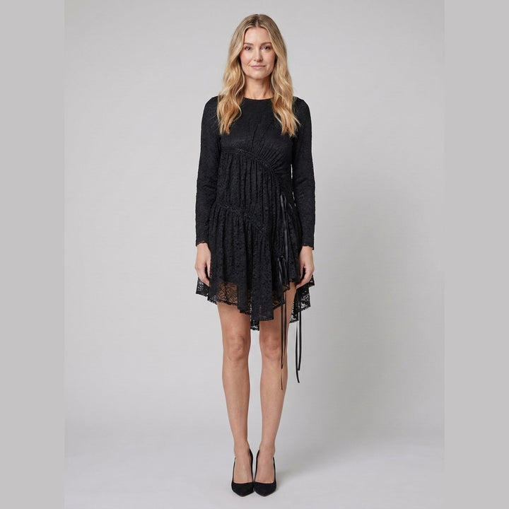 Hera Lace Dress coal black ruched tiered midi front on model