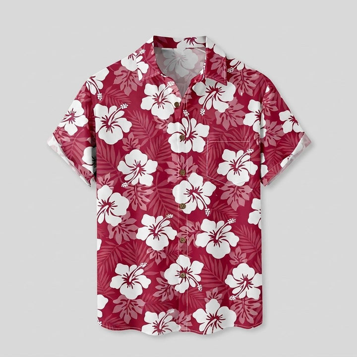 Hibiscus Hawaiian shirt red flat lay front