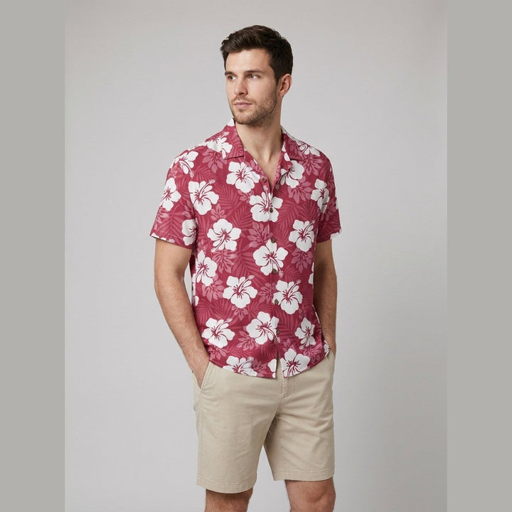 Hibiscus Hawaiian shirt red on male model three quarter