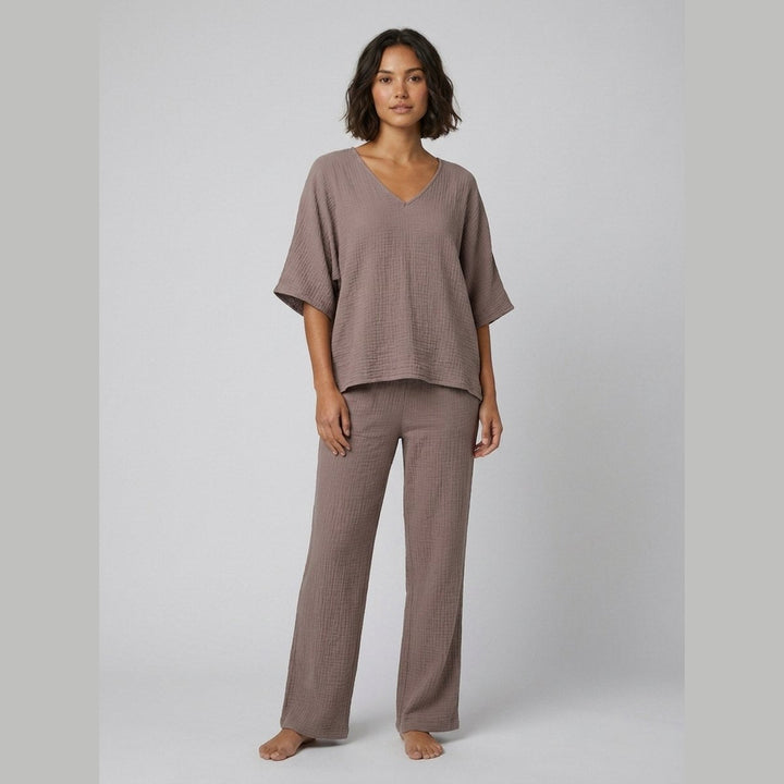 Taupe two-piece set with batwing sleeve top and ankle pants, front view on model