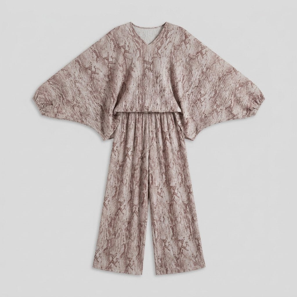 Taupe two-piece loungewear set, both pieces laid flat