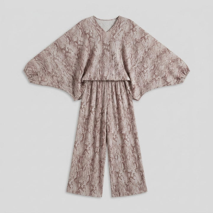 Taupe two-piece loungewear set, both pieces laid flat