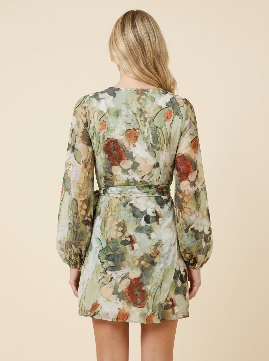 Hony floral wrap mini dress back view