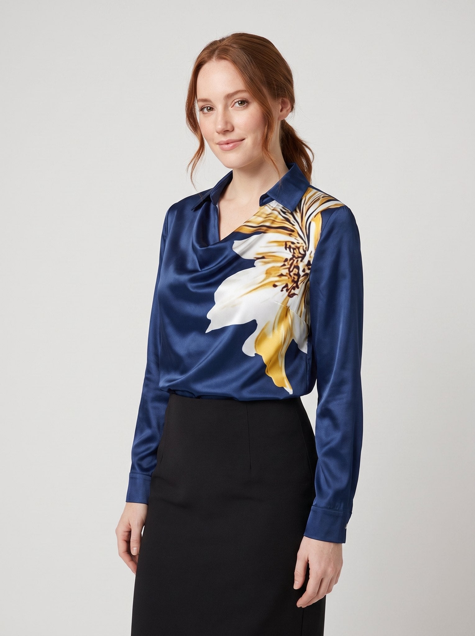 Ikata shiny satin blouse in dark blue with floral print