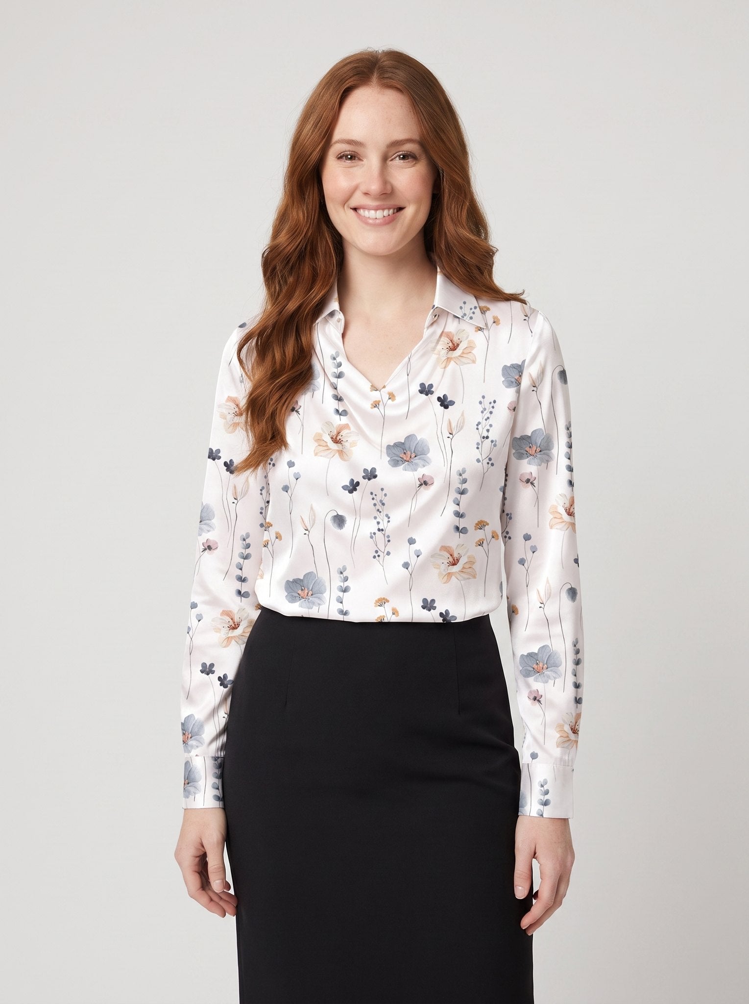 Ikata shiny satin blouse in white with floral print