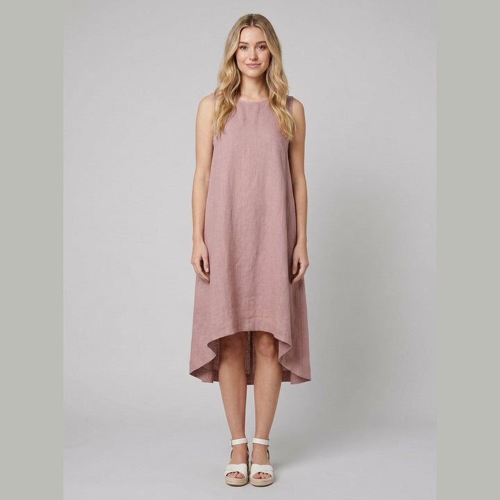 Mauve lightweight linen dress with a relaxed fit, front view on model