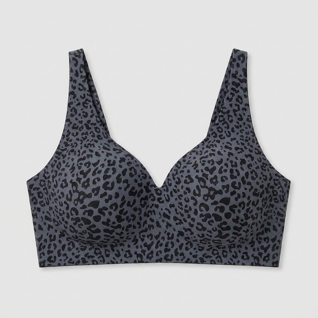 Imogen wireless V-neck bra in black leopard, flat lay