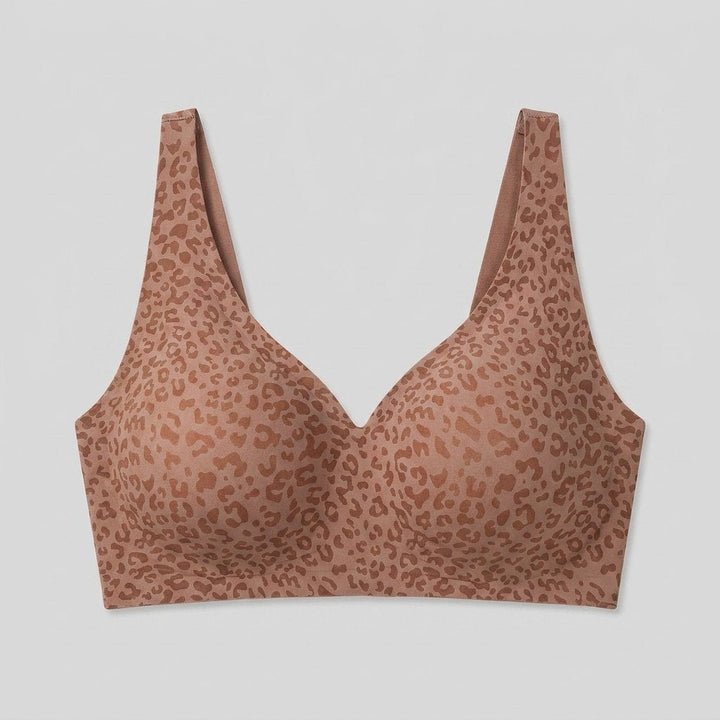Imogen wireless V-neck bra in brown leopard, flat lay
