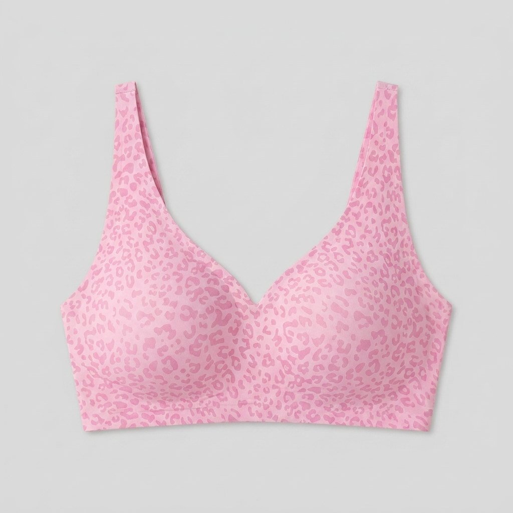 Imogen wireless V-neck bra in pink leopard, flat lay