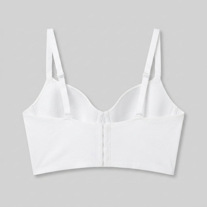 White longline bra, back view showing the wide jersey band