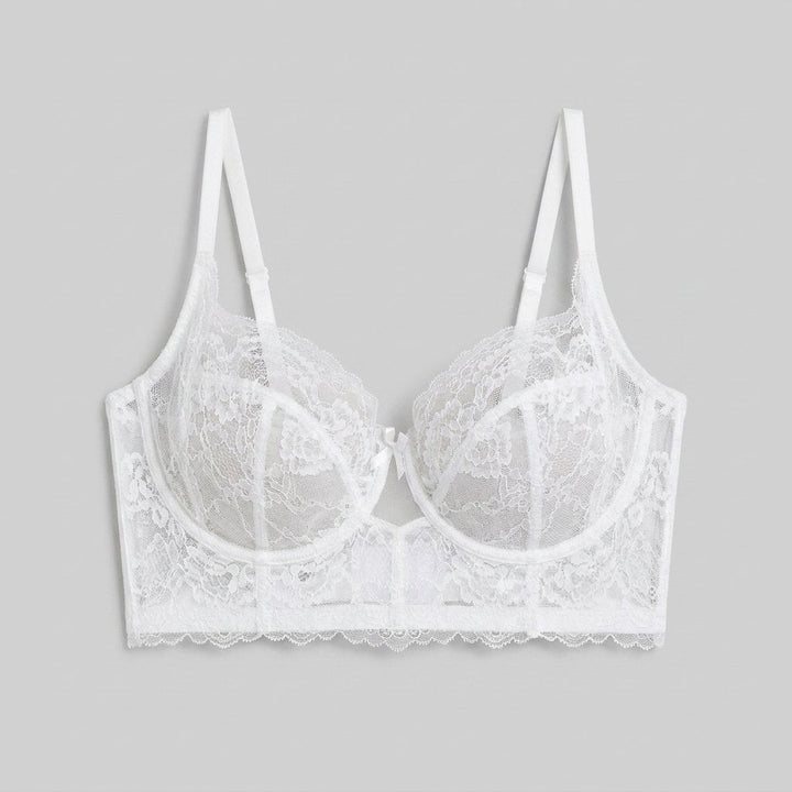 White lace longline bra with four-part cups, front view