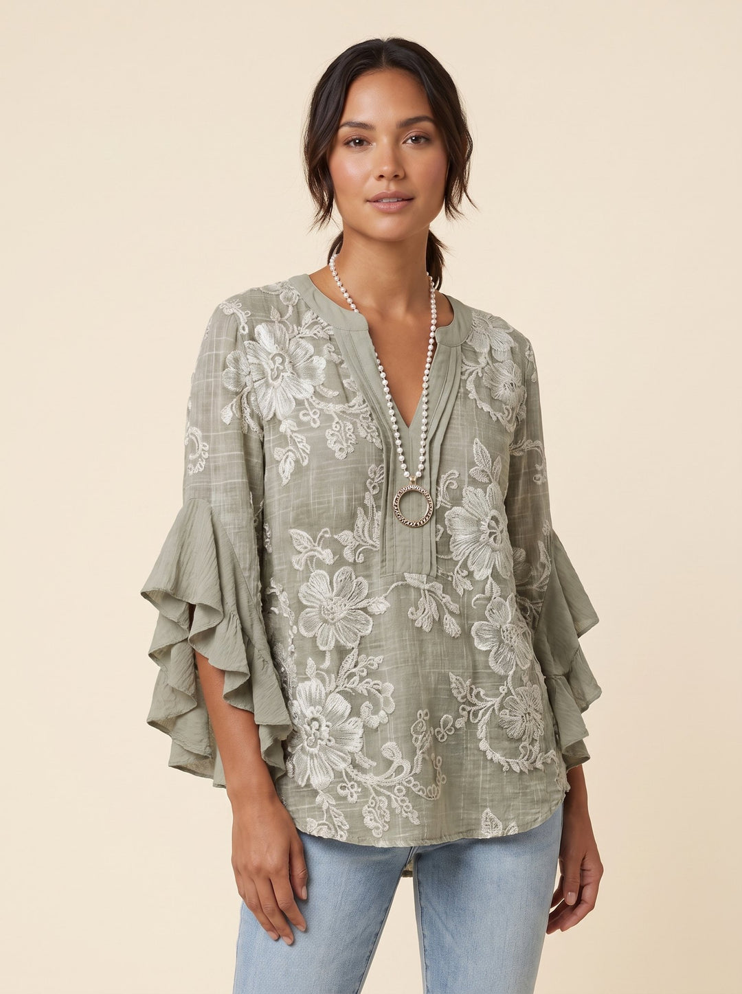 Isabella bohemian flutter-sleeve blouse in sage green floral