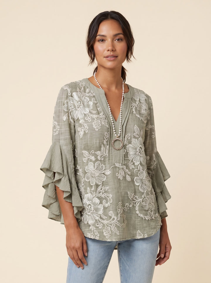 Isabella bohemian flutter-sleeve blouse in sage green floral