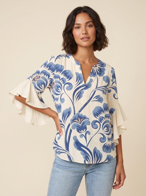 Isabella bohemian flutter-sleeve blouse in cream with blue print