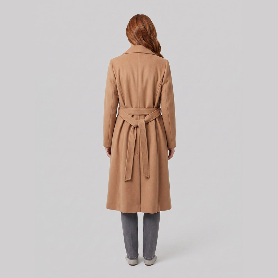 Isabelle camel wrap coat back view