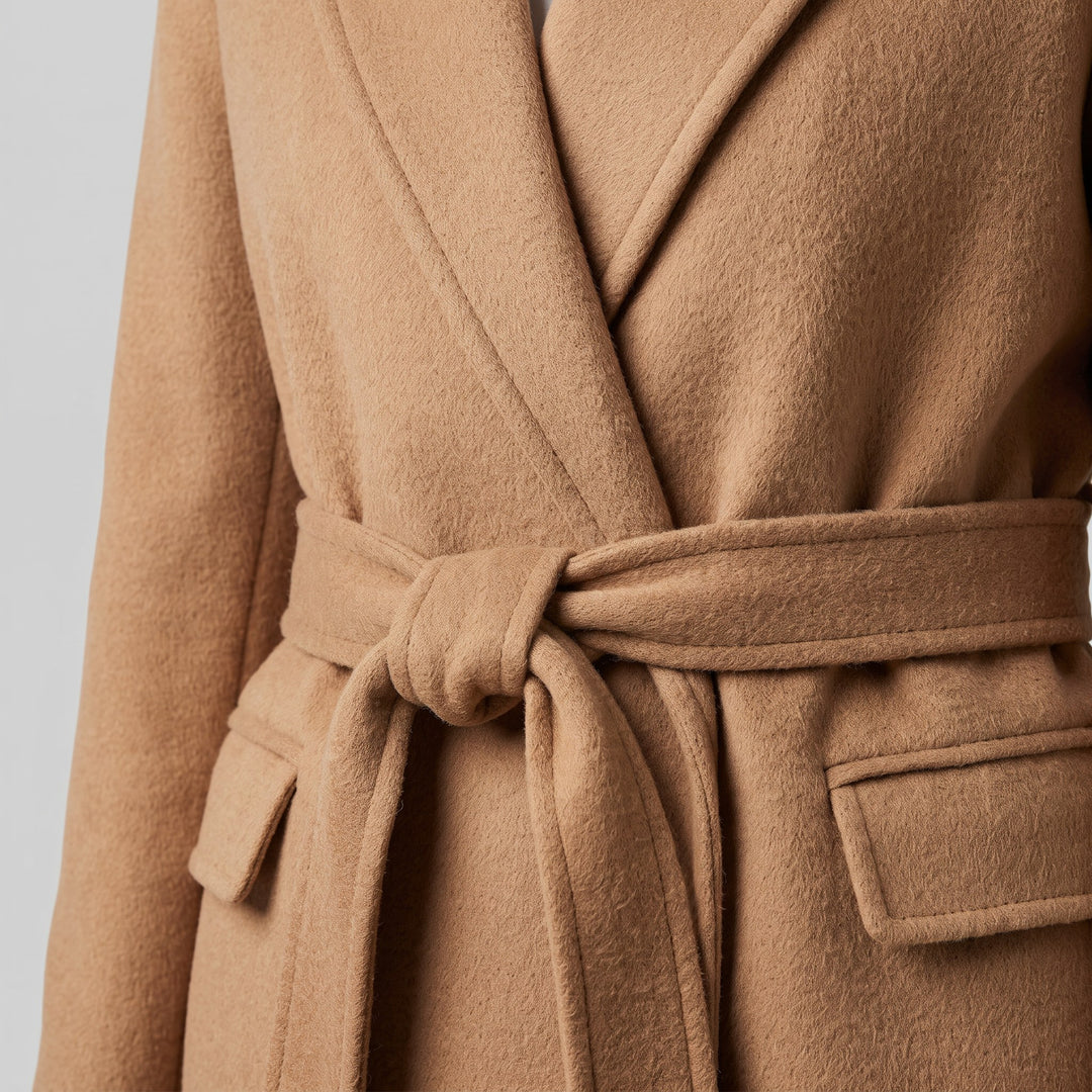 Isabelle camel wrap coat wool fabric detail
