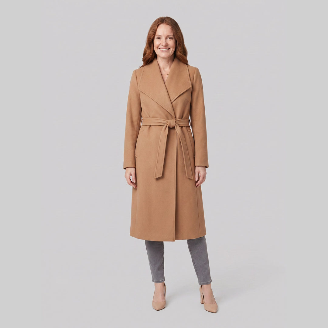 Isabelle camel belted long wrap coat front on model